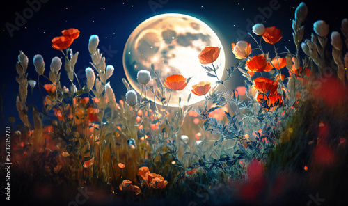 The soft luminescence of the full moon casts an enchanting spell over the serene field, where crimson poppies dance in the cool night breeze © Nilima