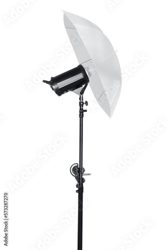 Studio umbrella light. Lighting equipment photography set up. Photo studio technology.