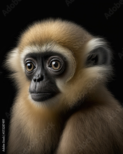 Generated photorealistic portrait of a capuchin in profile on a black background