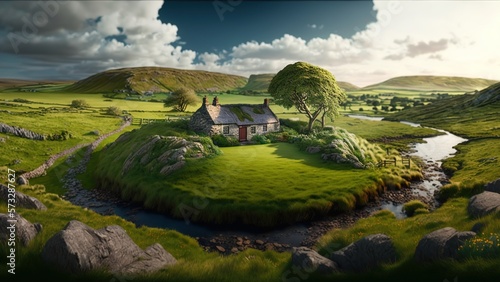 Irish landscape hill background. Generative AI photo