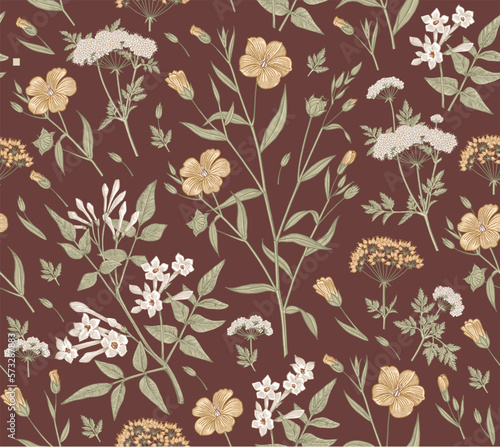 Seamless pattern Linum Flax Jasmine Hemlock tree wildflowers. Beautiful fabric blooming realistic isolated flowers Vintage background Wallpaper baroque. Drawing engraving Vector victorian illustration