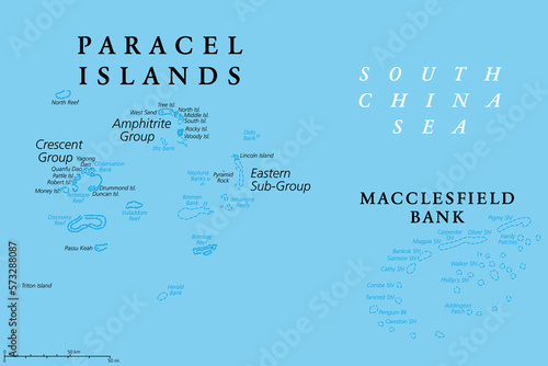 Paracel Islands political map. Also known as Xisha Islands or Hoang Sa Archipelago. Disputed archipelago in the South China Sea. The Macclesfield Bank is a sunken Atoll of underwater reefs and shoals.