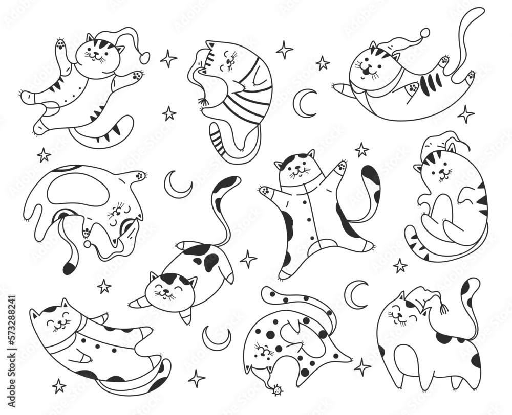 Fototapeta premium Cute cat sleepy night dream in pajamas print line sketch style concept. Vector graphic design illustration