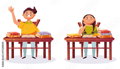 Happy and tired school children sitting in classroom concept. Vector graphic design illustration element