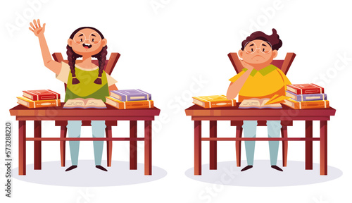 Happy and tired school children sitting in classroom concept. Vector graphic design illustration element