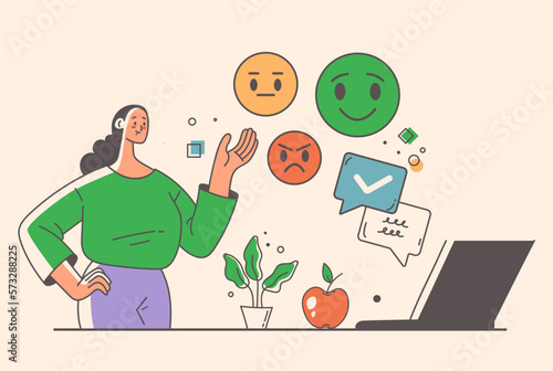 Sentiment analysis test emotions by artificial intelligence technologies concept. Speech bubbles with emoji face. Vector graphic design illustration