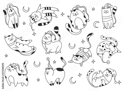 Cute cat sleepy night dream in pajamas print line sketch style concept. Vector graphic design illustration