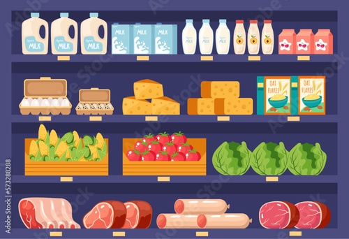 Supermarket shelf with food market store grocery shop empty interior concept. Vector graphic design illustration