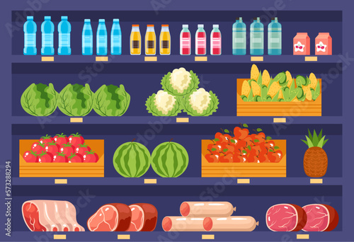 Supermarket shelf with food market store grocery shop empty interior concept. Vector graphic design illustration