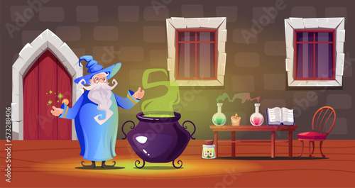 Magic school alchemist wizard magician laboratory castle concept. Vector cartoon graphic design element illustration