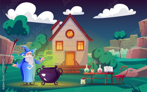 Magic school alchemist wizard magician laboratory castle concept. Vector cartoon graphic design element illustration