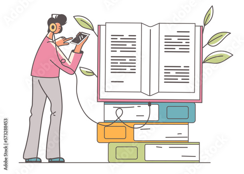Online audio book internet library audiobook study concept. Listening book with headphones. Vector cartoon graphic design element illustration