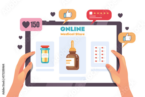 Medication pharmacy online internet order mobile app store retail concept. Vector cartoon graphic design element illustration