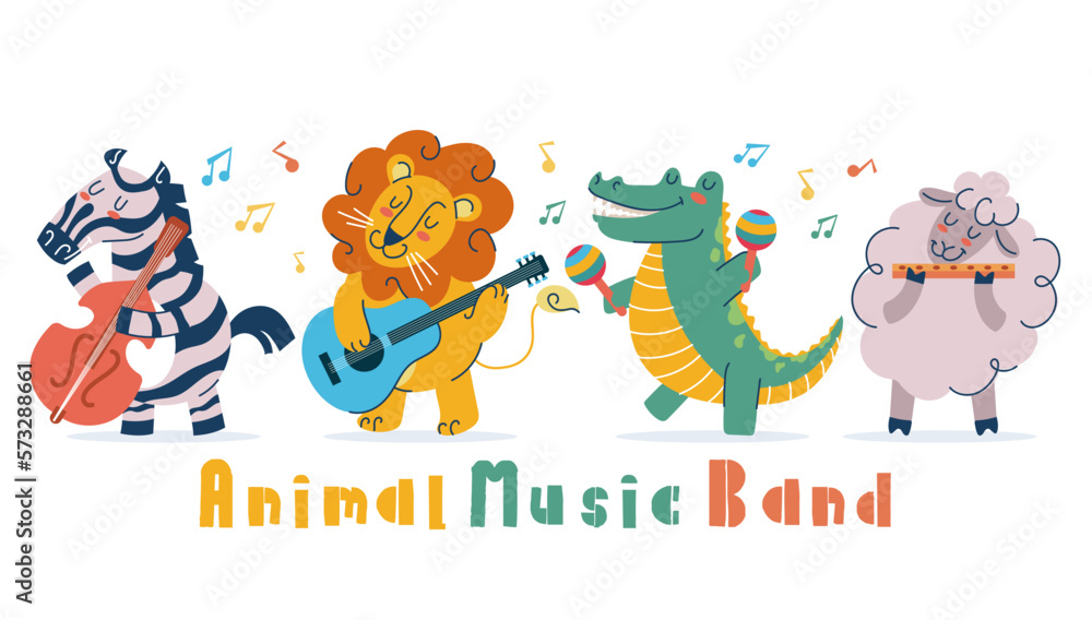 Animal music cartoon jazz instrument band concert concept. Vector graphic design illustration

