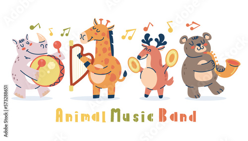 Animal music cartoon jazz instrument band concert concept. Vector graphic design illustration

