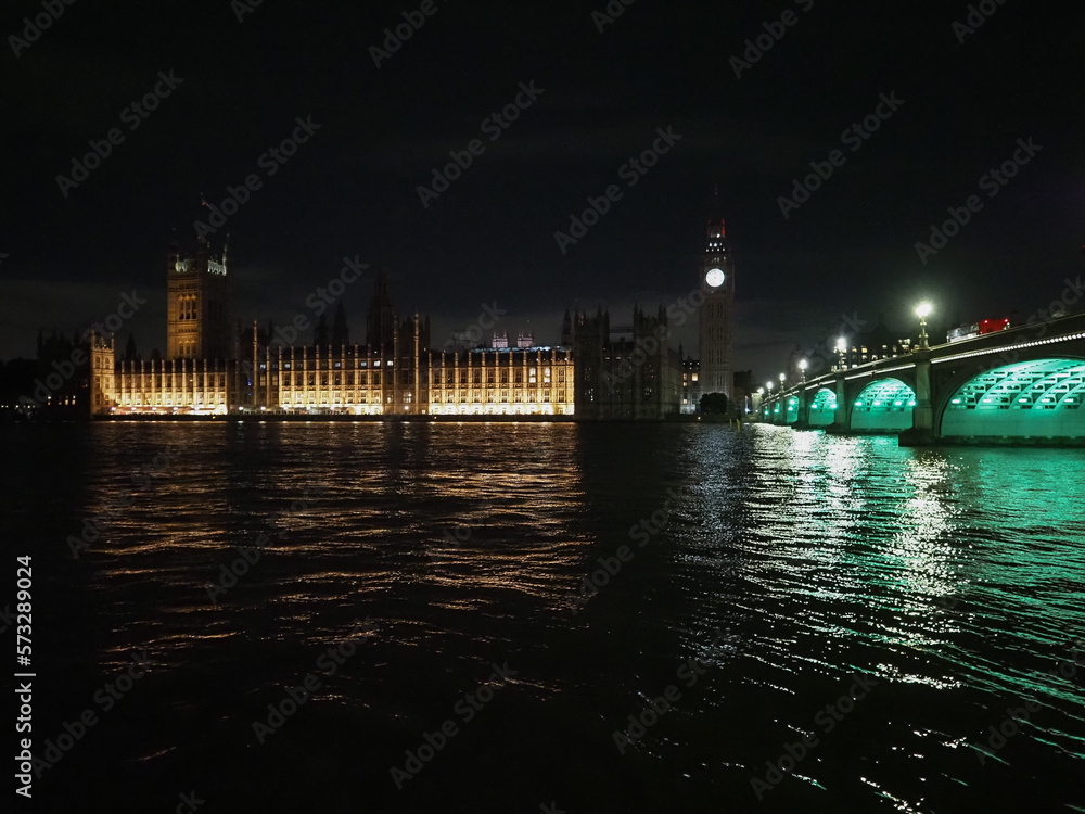 Houses of Parliament and Westminster Bridge at night in London