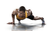 Sport. Handsome man doing push ups exercise with one hand in transparent buckground. 