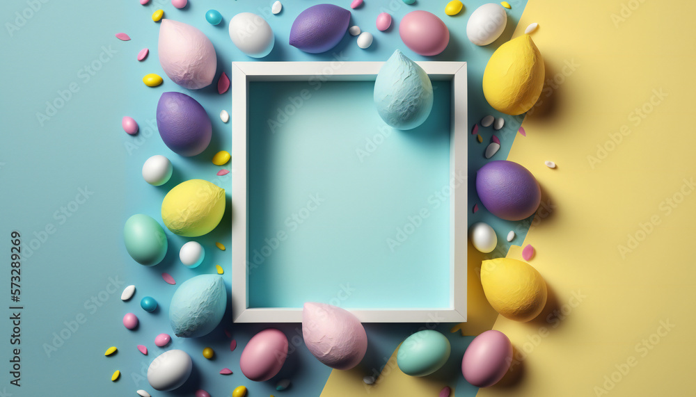 Bright Blue Easter background template with Easter eggs - Greetings and presents for Easter Day - Copy Space - Generative AI Bright Blue Easter background template with Easter eggs - Greetings and presents for Easter Day - Copy Space - Generative AI