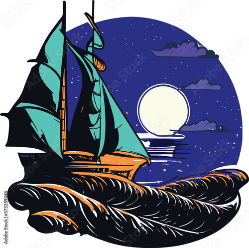 Vector image of small sailing yacht at night. Sea wave, moon and lunar reflection in the sea..
