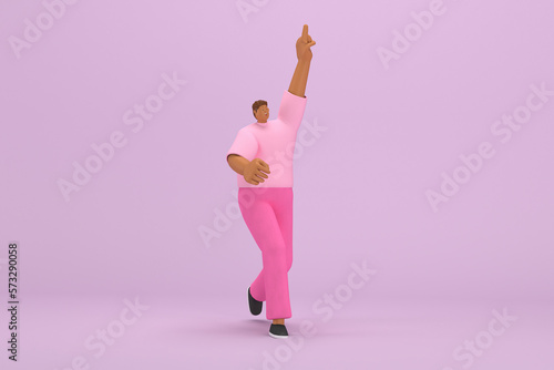 Fototapeta Naklejka Na Ścianę i Meble -  The black man with pink clothes.   He is doing exercise.  3d rendering of cartoon character in acting.