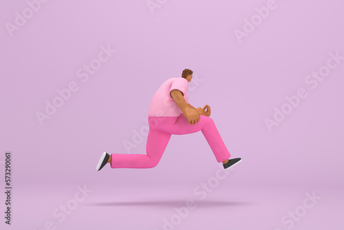 The black man with pink clothes. He is running. 3d rendering of cartoon character in acting.