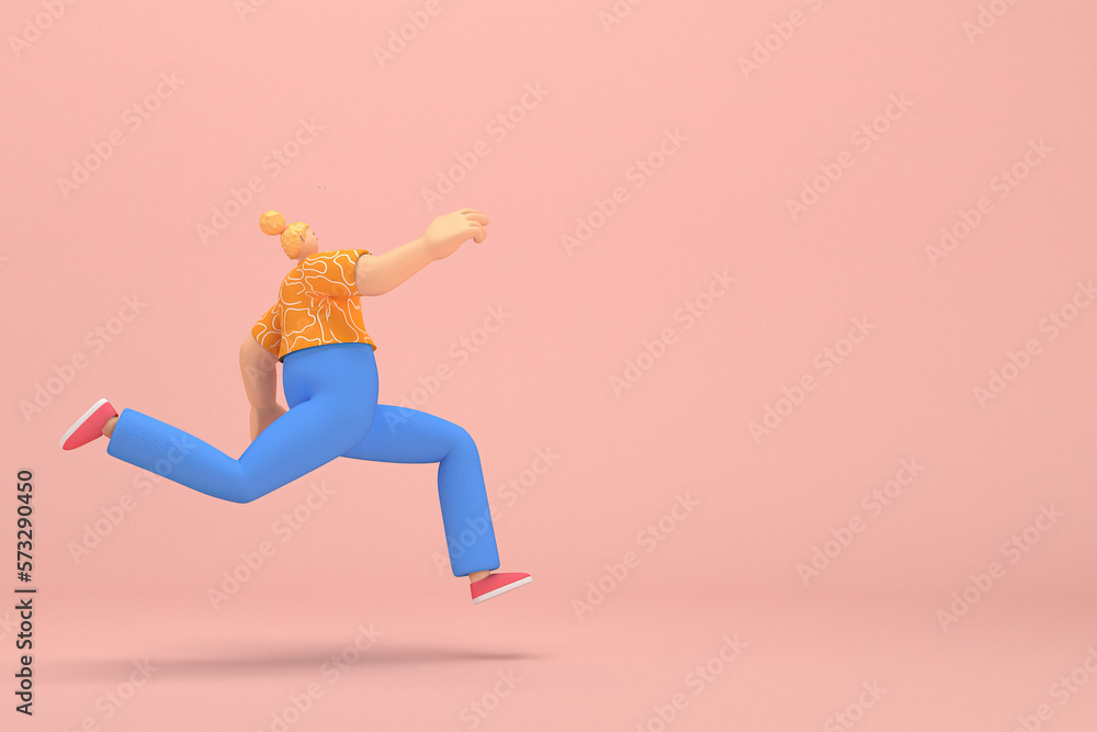 Fototapeta premium The woman with golden hair tied in a bun wearing blue corduroy pants and Orange T-shirt with white stripes. She is doing exercise. 3d rendering of cartoon character in acting.