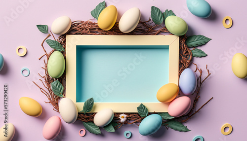 Bright Blue Easter background template with Easter eggs - Greetings and presents for Easter Day - Copy Space - Generative AI