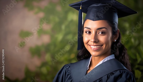 Hispanic school girl in graduation cap and gown created with generative AI technology.