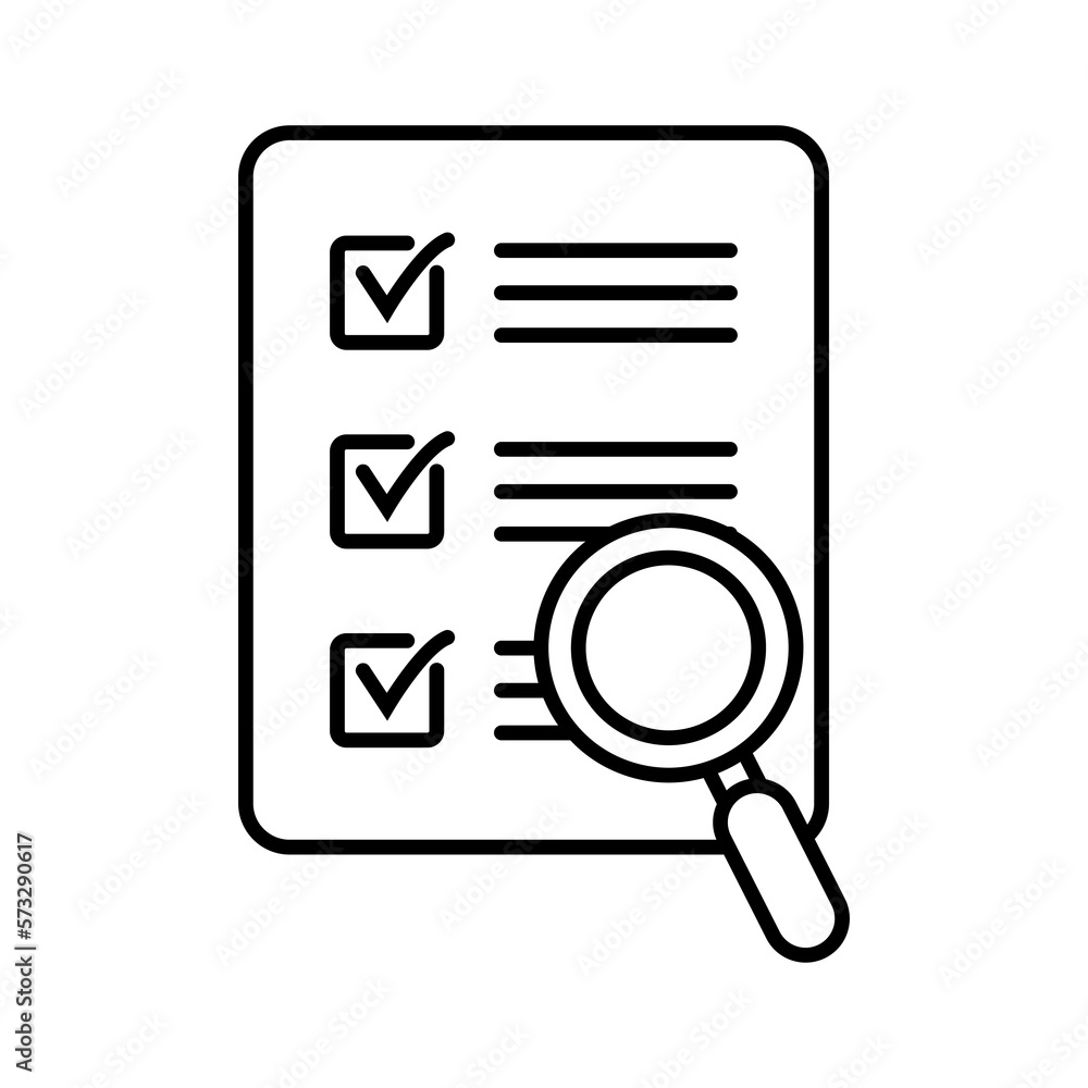 Document check icon vector illustration. Checklist magnifier assessment line icon. Document check icon vector illustration. Checklist magnifier assessment line icon.