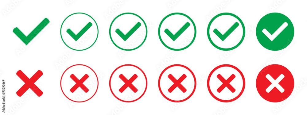 Tick and cross vector icons. Green tick and red cross checkmarks in circle flat icons. Yes or no line symbol, approved or rejected icon for user interface. Tick and cross vector icons. Green tick and red cross checkmarks in circle flat icons. Yes or no line symbol, approved or rejected icon for user interface.