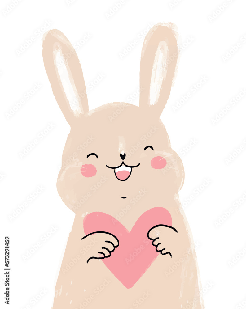Cute Happy Rabbit. Hand Drawn Vector Illustration with Funny Bunny Holding Pink Heart isolated on a White Background. Valentine's Day Print with Lovely Rabbit ideal for Card, Greeting,Wall Art,Poster. Cute Happy Rabbit. Hand Drawn Vector Illustration with Funny Bunny Holding Pink Heart isolated on a White Background. Valentine's Day Print with Lovely Rabbit ideal for Card, Greeting,Wall Art,Poster.