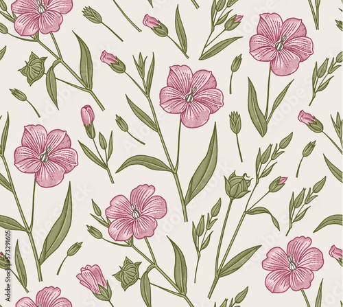 Seamless pattern Linum Flax wildflowers. Beautiful fabric blooming realistic isolated flowers Vintage background Wallpaper baroque. Drawing engraving Vector victorian illustration