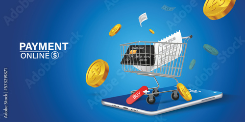 The credit card is on the smartphone and there are coins around it.Mobile payment concept without ATM or bank. Cashback via mobile application or via credit card. Paying bill using mobile phone bill.
