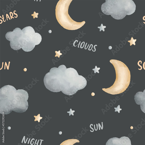 Watercolor seamless newborn baby, kids pattern with moon, cloud and star.