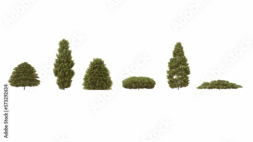 Set of 3D trees and bushes isolated on white background , Use for visualization in graphic design 
