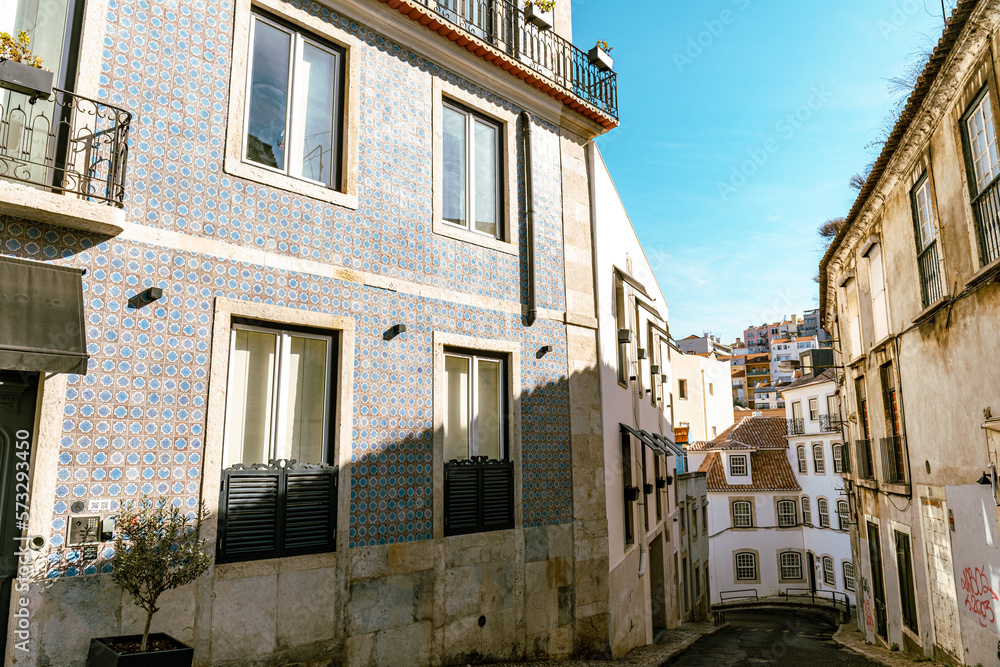 Typical colored houses in Desterro area. Lisbon, Portugal