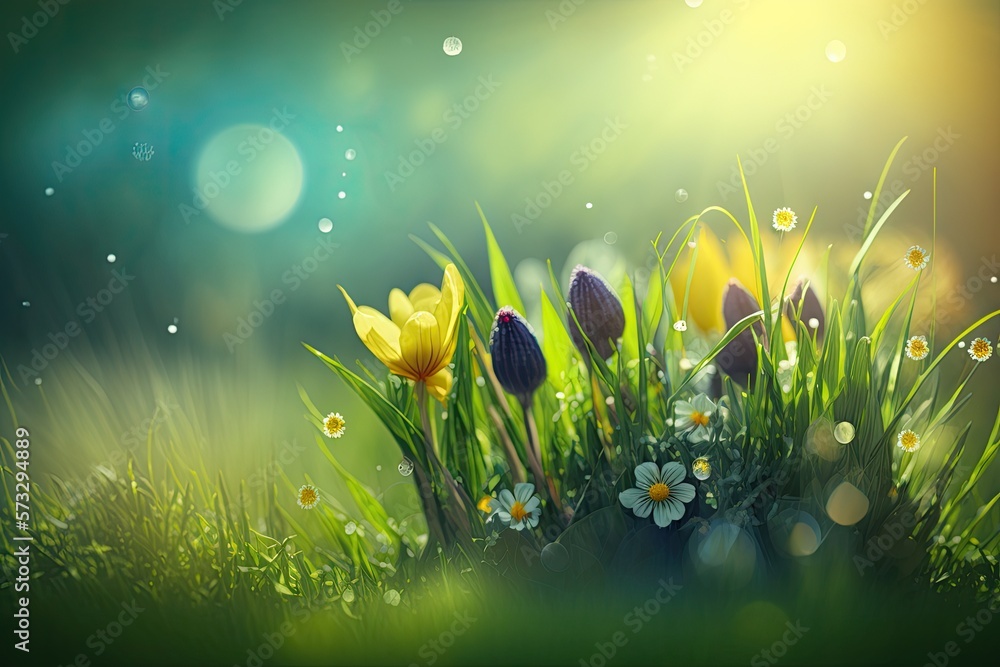Spring nature with grass, flowers and bokeh. Generative Ai