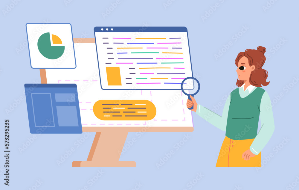 Cartoon girl looking magnifying glass and find information. Programming developer audit or digital testing, teenager geek vector character Cartoon girl looking magnifying glass and find information. Programming developer audit or digital testing, teenager geek vector character