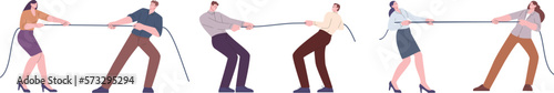 Confrontation metaphor. Man vs man, woman vs woman competition. People pulling rope, office workers arguing, business vector concept