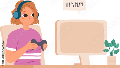 Girl gamer character with joystick and headphones sitting before computer monitor. Teenager geek, young adult gaming hobby or addiction vector scene