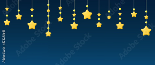 Stars 3d design garland. Yellow star and pearls hand on ropes in night sky. Baby children decorative banner, realistic plasticine vector newborn background