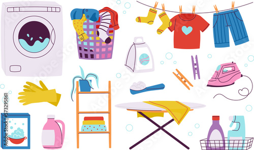 Home laundry elements, iron and wash machine. Clothes on rope, ironing desk and spray bottles. Basket for dirty or clean fabric, decent appliances vector set