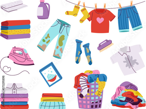 Dirty and clean laundry, stains on children clothes in wash basket. Smelly sock, messy pants and shirt. Cartoon cloth on rope, decent vector clipart