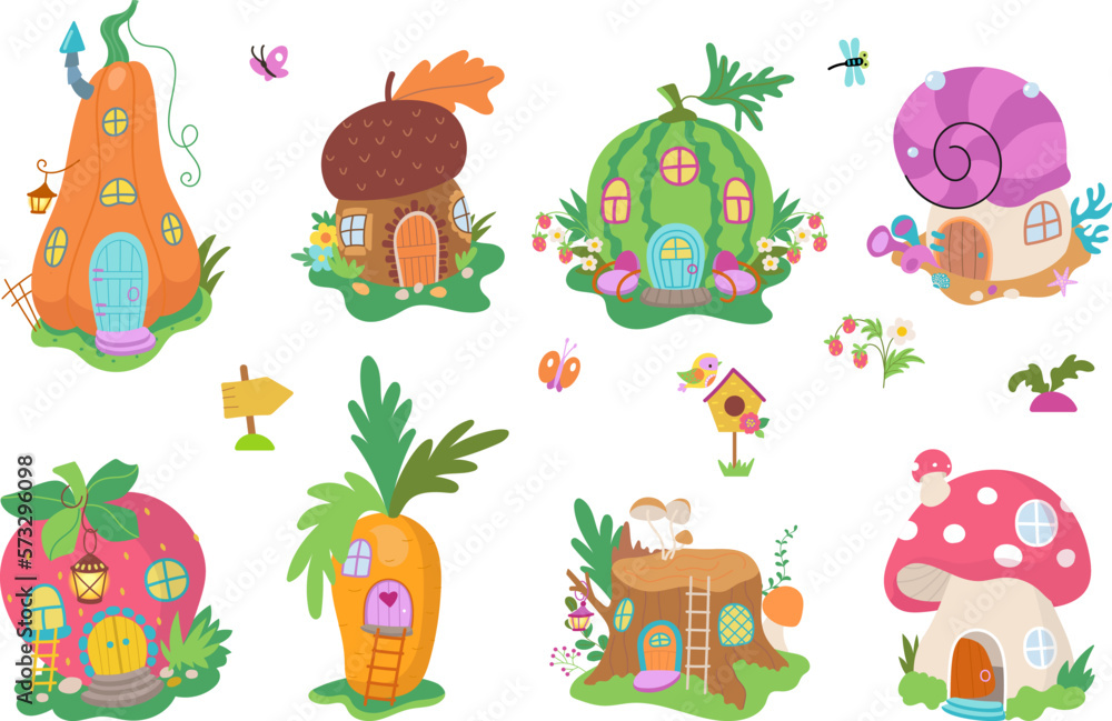 Obraz premium Magic gnome houses, cartoon magic forest elements. Dwarf and fairy lady home in mushroom and pumpkin. Children magical tale nowaday vector set