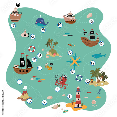 Treasure map children game. Palm island, volcano and pirate ships in ocean. Sea adventures kids board play. Nowaday gaming page vector template