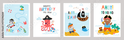 Birthday cards pirates, invitation marine pirate. Boy kids decorative summer covers, sea banners templates. Cute printable card nowaday vector design