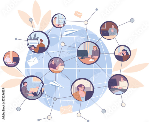 Worldwide social network, communication business people or international corporate collaboration. Remote interaction office kicky vector characters