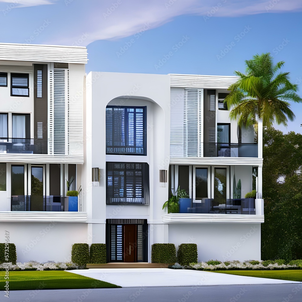 a large home with a modern design, all white exterior with a POP of color 1_SwinIRGenerative AI