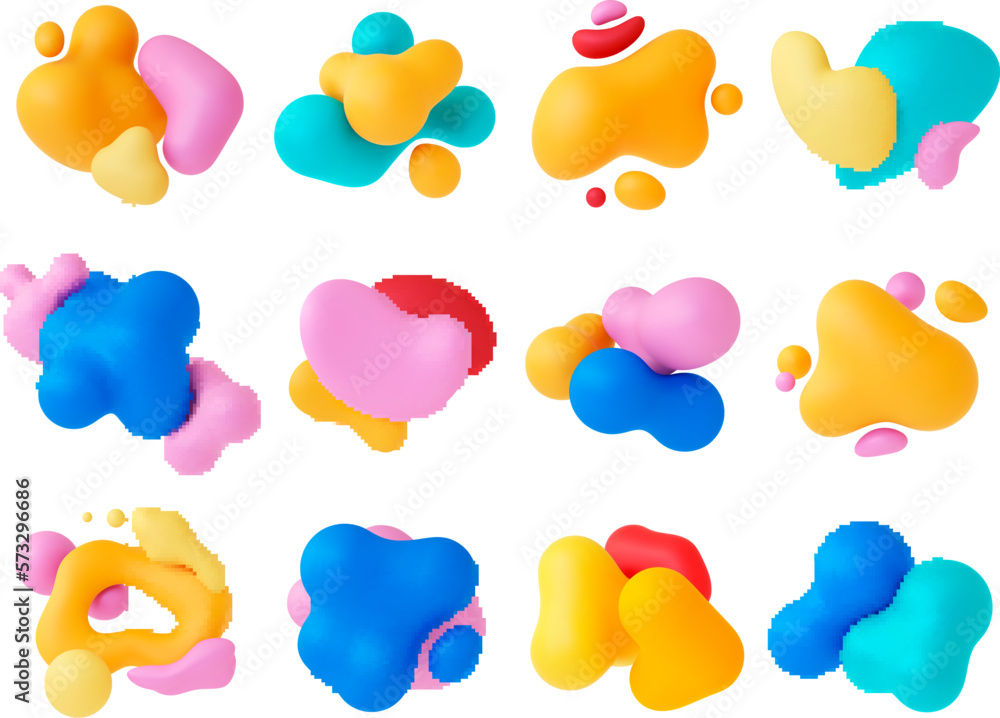 Abstract multicolored liquid 3d shapes render. Colourful 3d plasticine splash, sphere shapes and blob elements. Isolated floating pithy vector set Abstract multicolored liquid 3d shapes render. Colourful 3d plasticine splash, sphere shapes and blob elements. Isolated floating pithy vector set