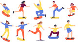 Teenagers skateboarders characters. Girl boy skateboarding, young person on skateboard. Summer outdoor sport activity, snugly jumping vector people